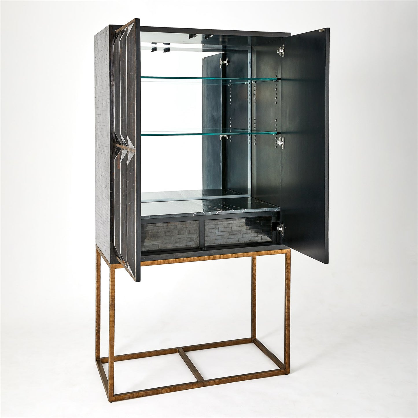 Horn Inlay Bar Cabinet-Black/Antique Brass