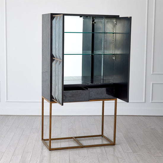 Horn Inlay Bar Cabinet-Black/Antique Brass